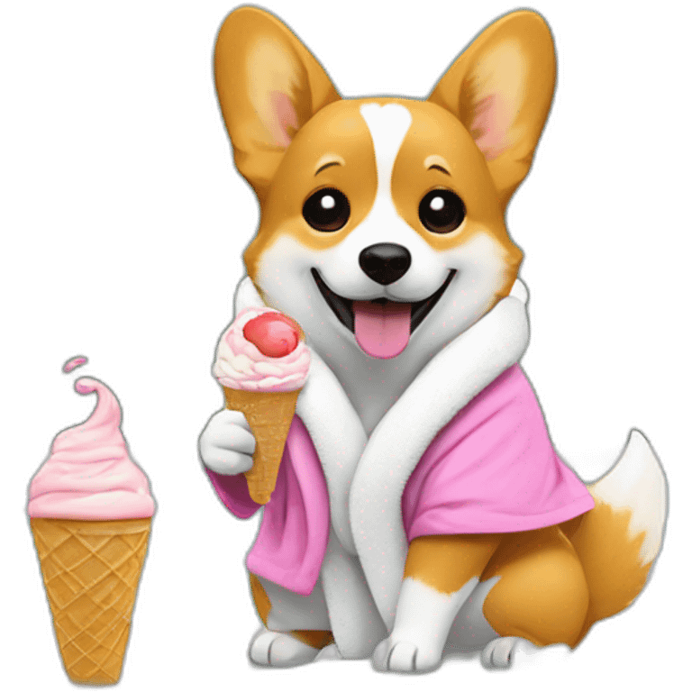 A blonde corgi in a bathrobe holds an ice cream by the pool emoji