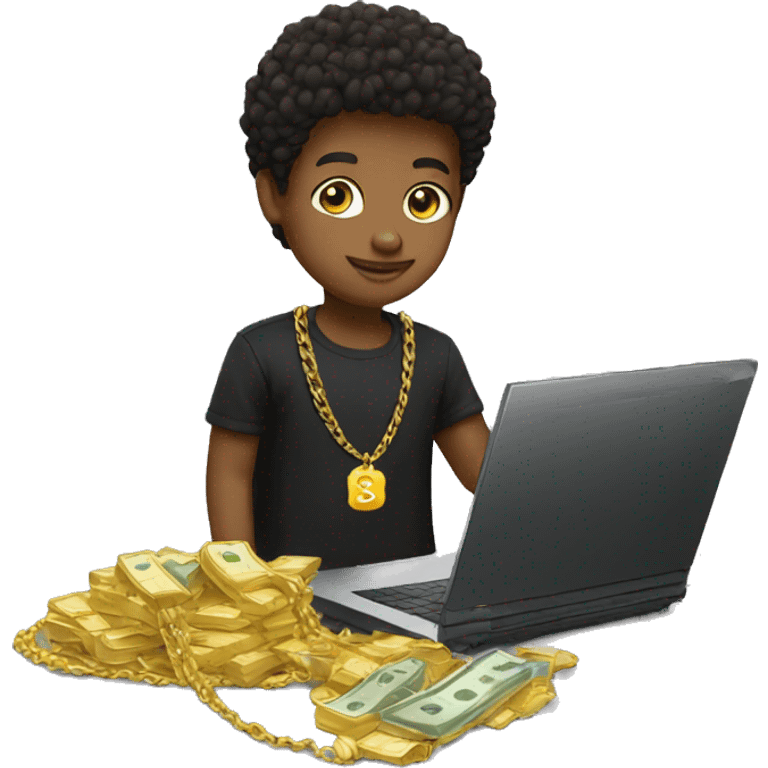 BOY WITH MONEY AND LAPTOP WITH GOLD CHAIN AND BLACK TEE emoji