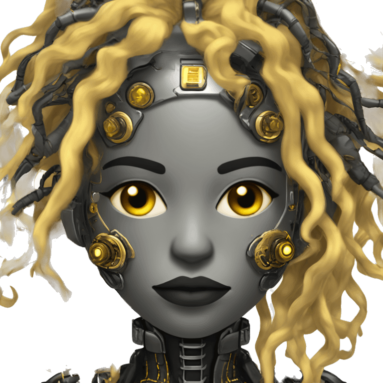 black metal female cyborg head with circuitry and yellow gold curly hair emoji