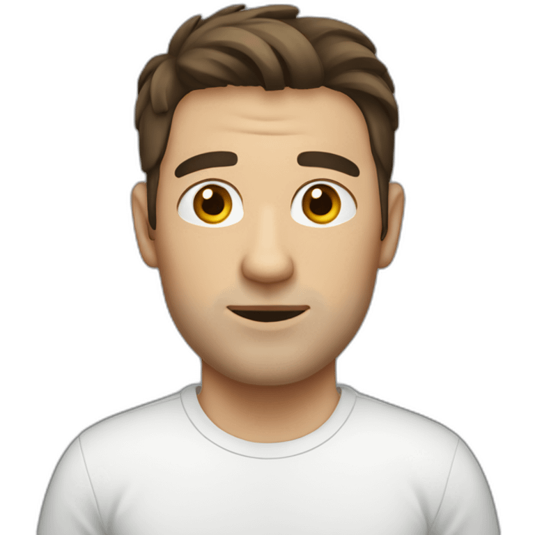 shaved white man with messy mid long dark brown hair, with a t-shirt emoji