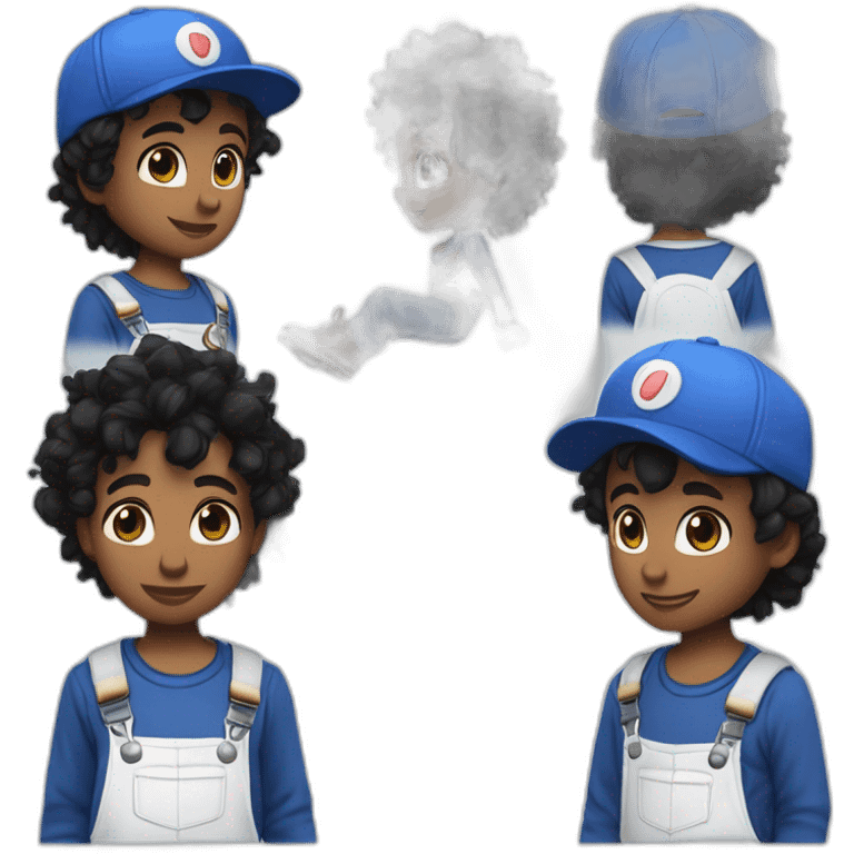 Black messy hair, white overalls, blue long sleeve shirt, Blue eyes, Brown shoes, white gloves, S in the blue cap logo, Smg4 emoji