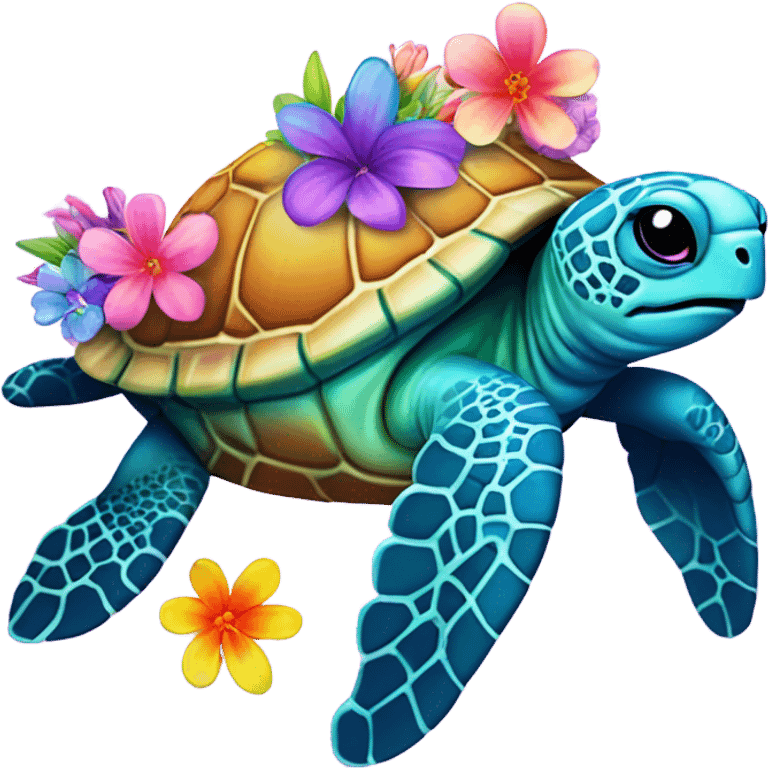 Lisa Frank, rainbow sea turtle with flowers on shell  emoji