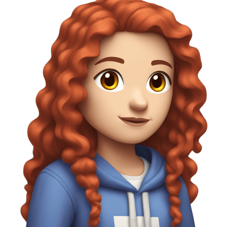 a white girl with long red curly hair, wearing periwinkle Minecraft hoodie playing a videogame emoji