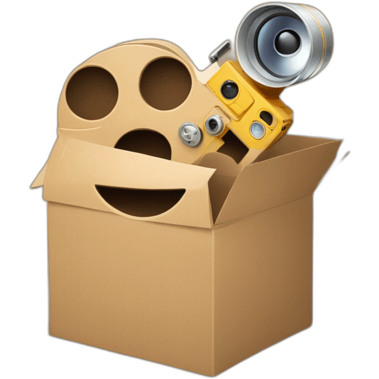 Video icons, movie camera, film, play, logos, likes, thumbs up, marks, views, coverage, applause fly out of a Cardboard box emoji