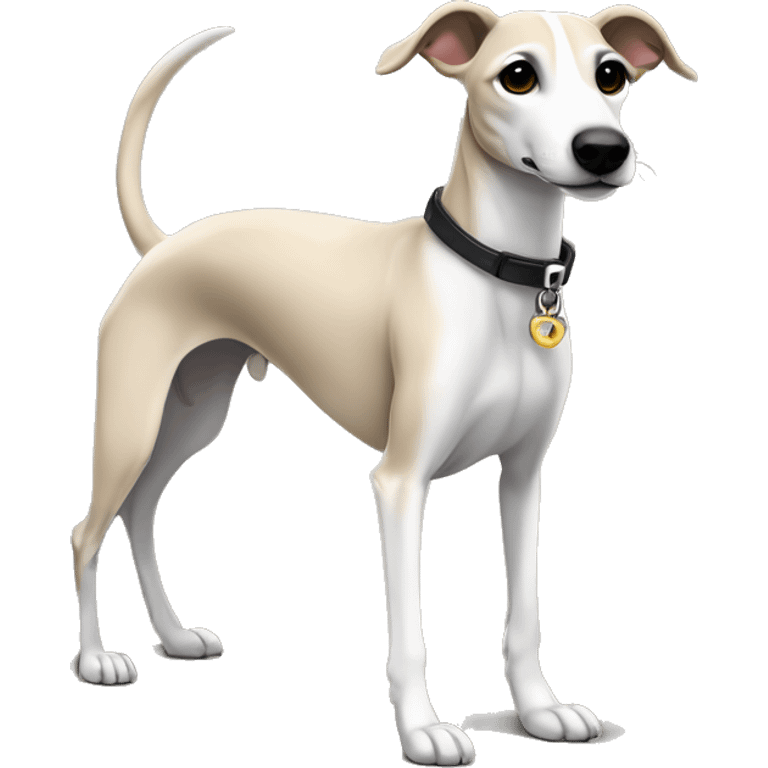 a beige whippet full body with stripes his left foot white color up up and a leash going out of frame, with a dark snout, black and white mouth patchy and black angel wing like eyes emoji