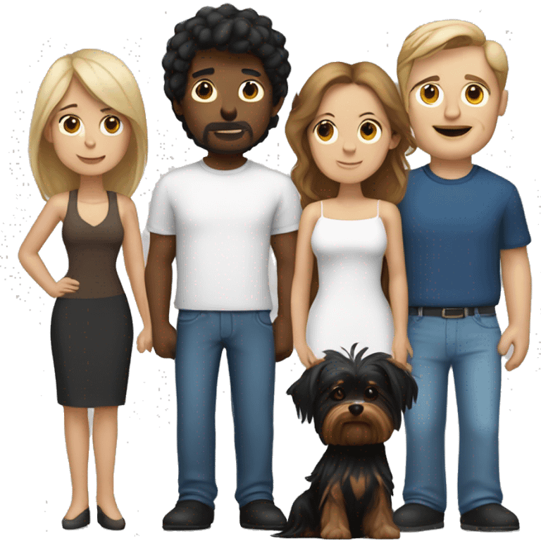 A white man with black hair, a white woman with brown hair, a Yorkshire terrier and a black dog with white breasts emoji