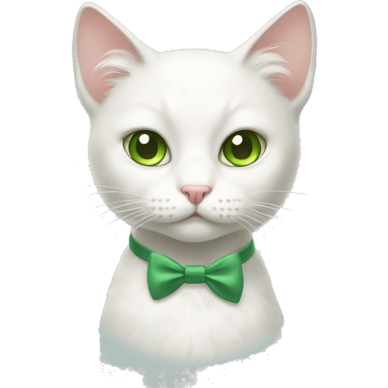 white cat with amber and green eyes and a bow emoji