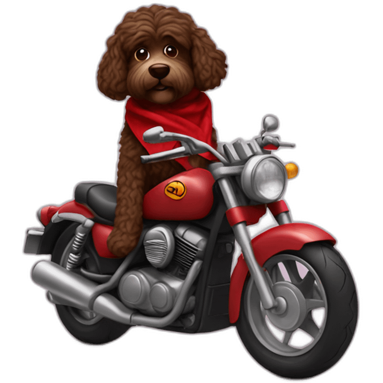 A chocolate brown doodle with wavy fur wearing a red and black handkerchief riding a motorcycle emoji