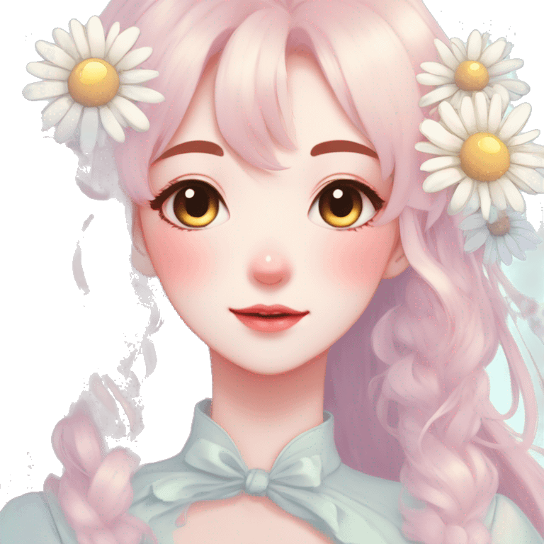 Gorgeous pastel anime style lady with blushing face and daisies cottagecore fairycore pastelcore colorful pearly romantic simplistic aesthetic trending style emoji