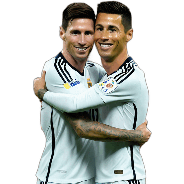 Realistic Leo Messi and realistic Cristiano Ronaldo huging emoji