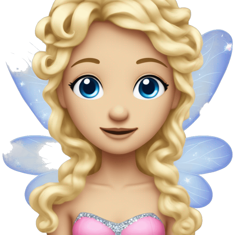 Create a blonde haired fairy with blue eyes and a pink dress with sparkly wings. The fairy has long, curly hair with a lot of volume emoji