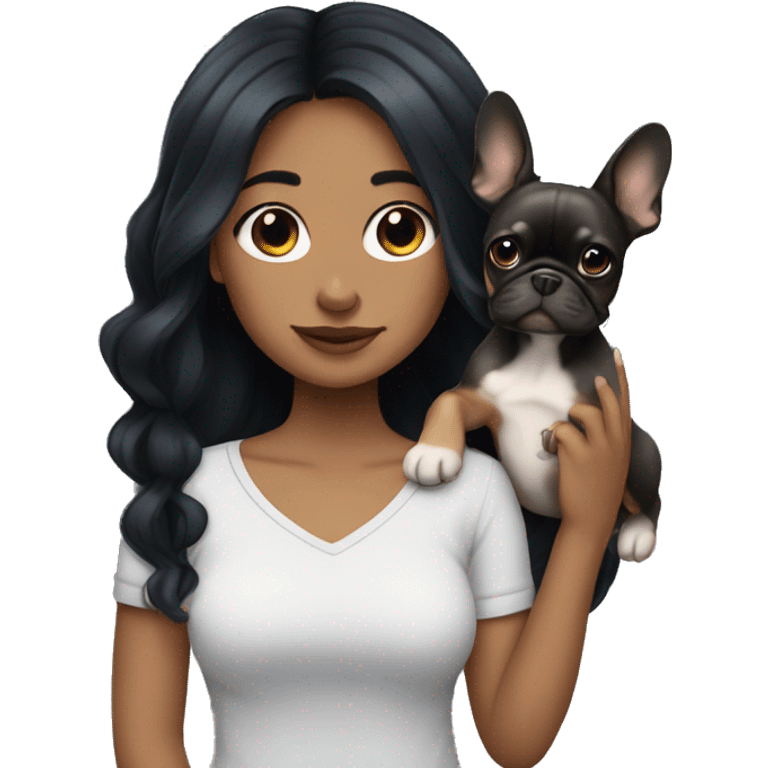 Girl with black long hair holding Merle Frenchie  emoji