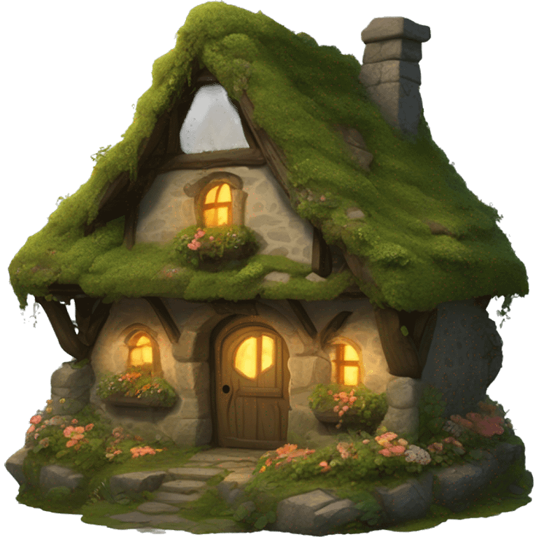 A cozy fantasy cottage made of stone and wood, covered in moss, vines, and flowers. The windows are aglow with firelight. emoji