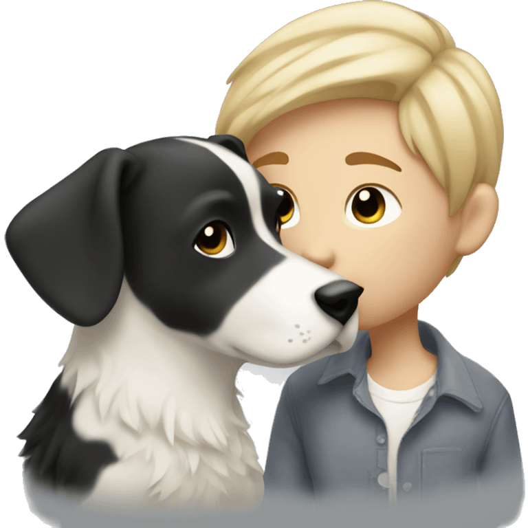 Tom boy with short blonde hair kissing a black and white dog with long hair emoji