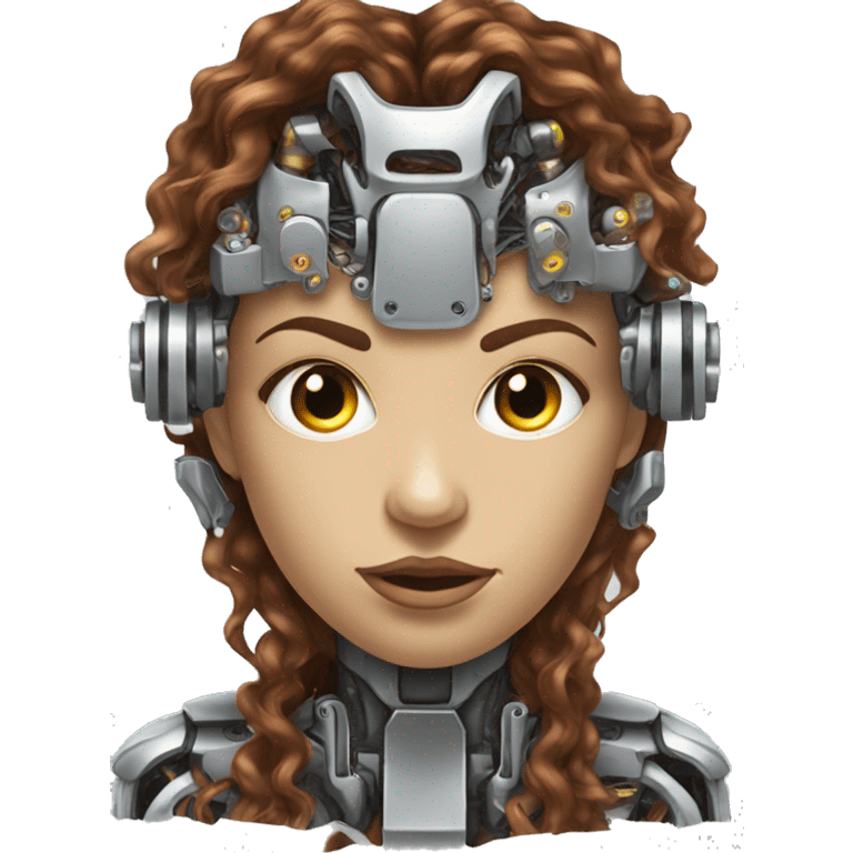 female cyborg head with metallic plated face, long brown curly hair and circuitry emoji