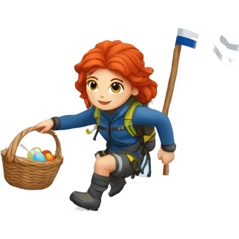 Female winter mountain climber red hair climbing with Greek and EU flags and Easter eggs basket emoji