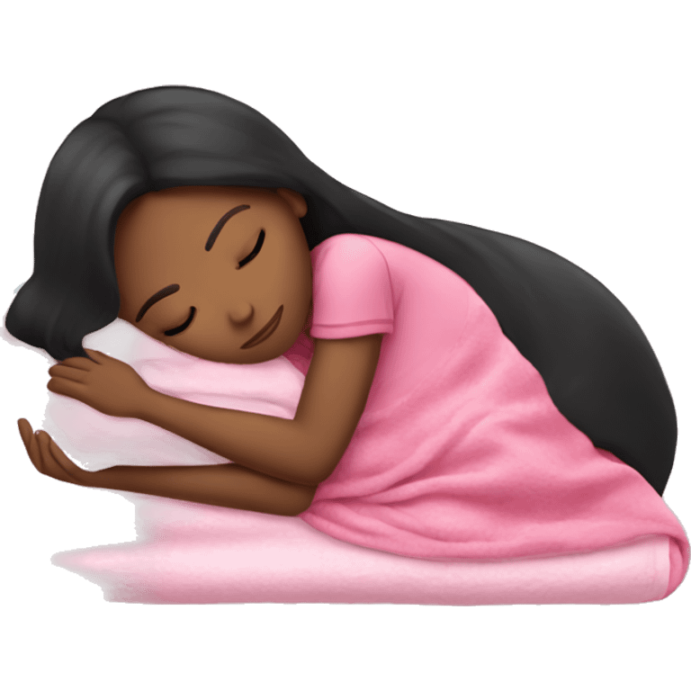 Black-haired girl sleeping on side with pink blanket emoji