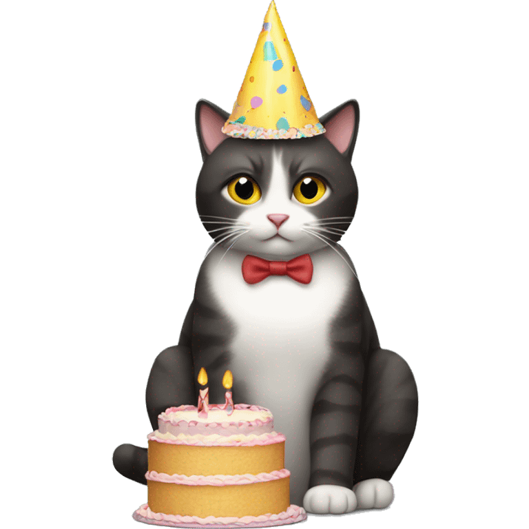 A cat sitting with a party hat and a cake emoji