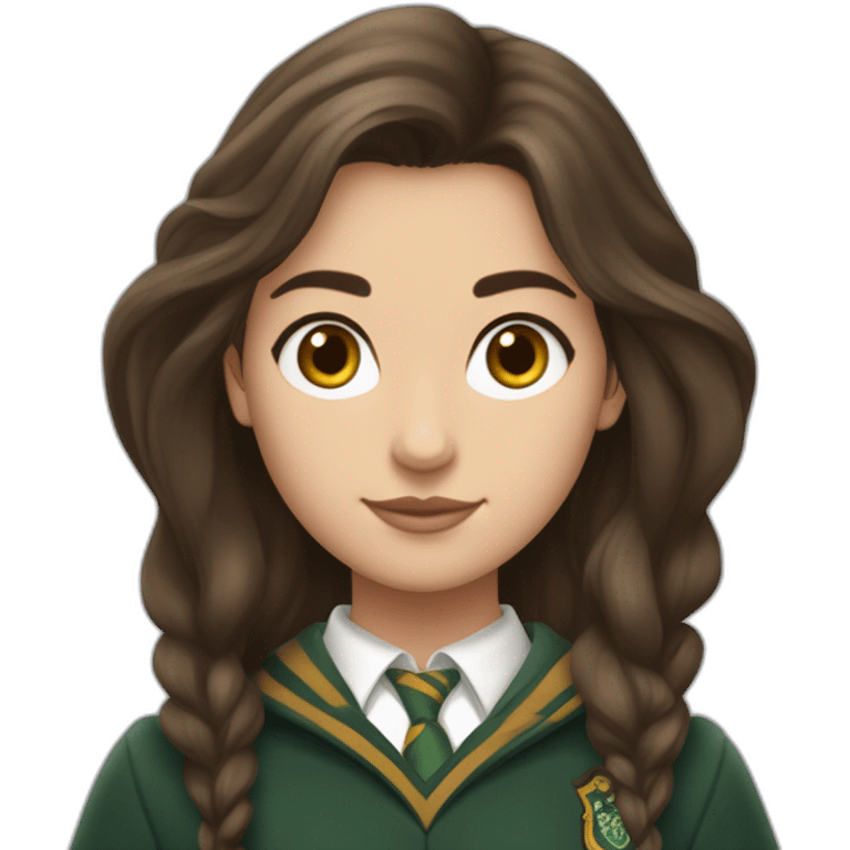 Fille brune aux yeux marron blanche de peau et cheveux détachés avec une tenue de la maison serpentard dans Harry potter emoji