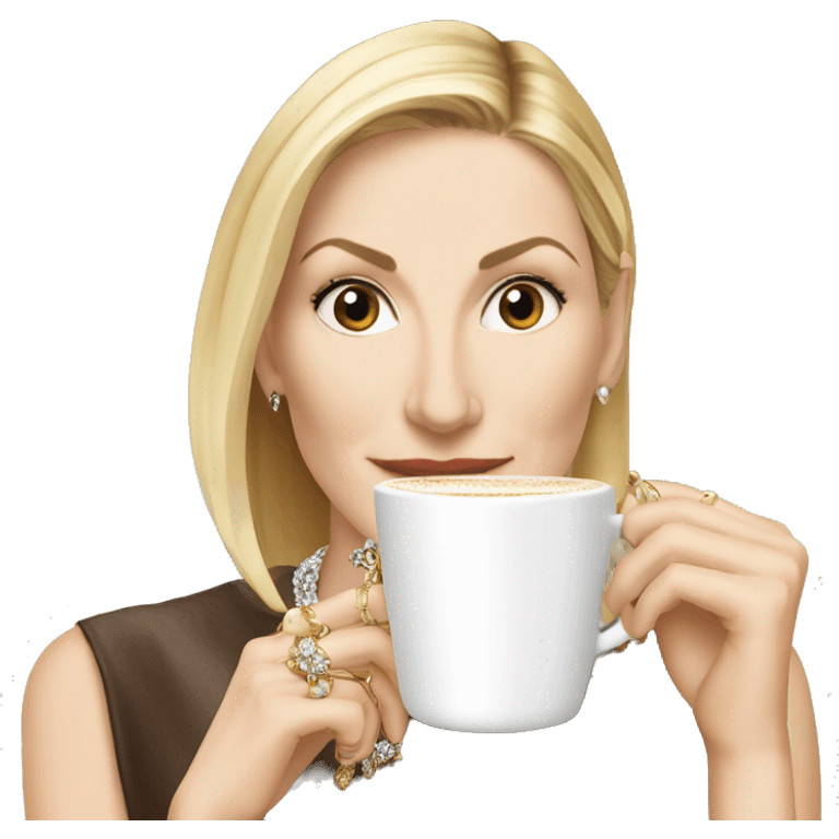 Kelly Rutherford with jewellery wearing white drinking cappucino emoji