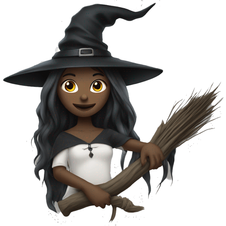 witch on a broom dark long hair white skin emoji