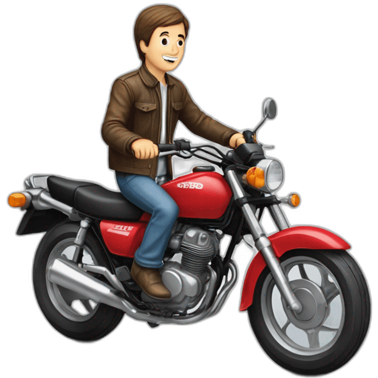 A middle age man wheelie the motorcycle honda Red 250 cc 1985 emoji