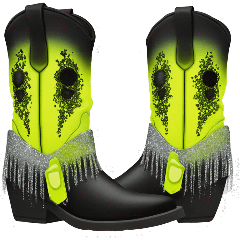 Realistic short neon yellow to black ombre fashion cowgirl boot with sparkly shiny glitter fringe on them. emoji