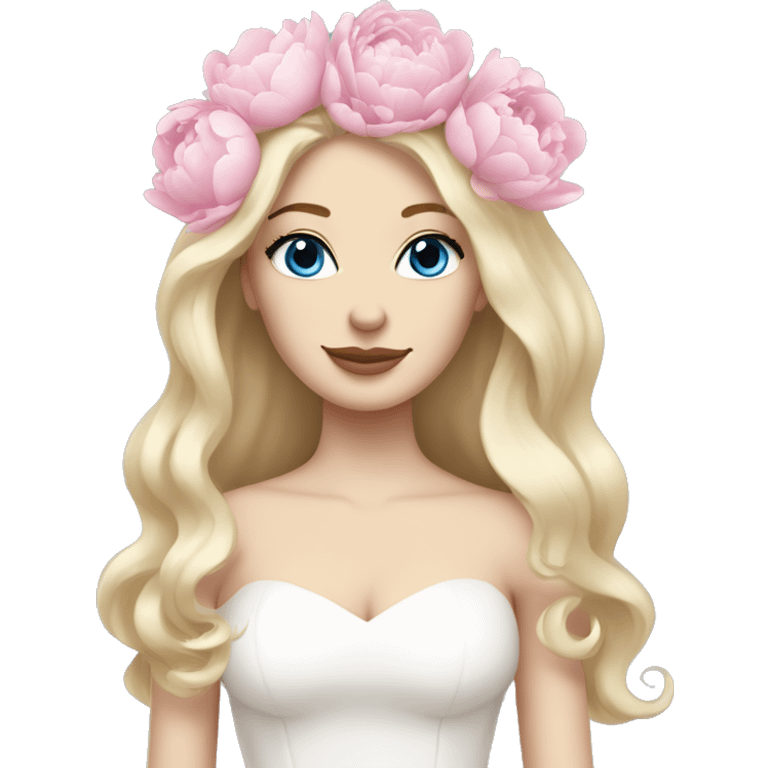 White bride with long light blonde hair and blue eyes with light pink peonies in hair white skin  emoji