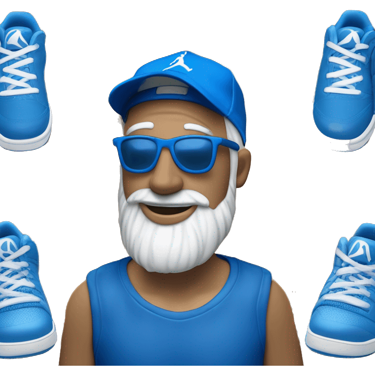 Homme de couleur blanche avec une barbe naissante portant des lunettes bleues , une casquette bleu , un survêtement Jordan bleu et des baskets bleues  emoji