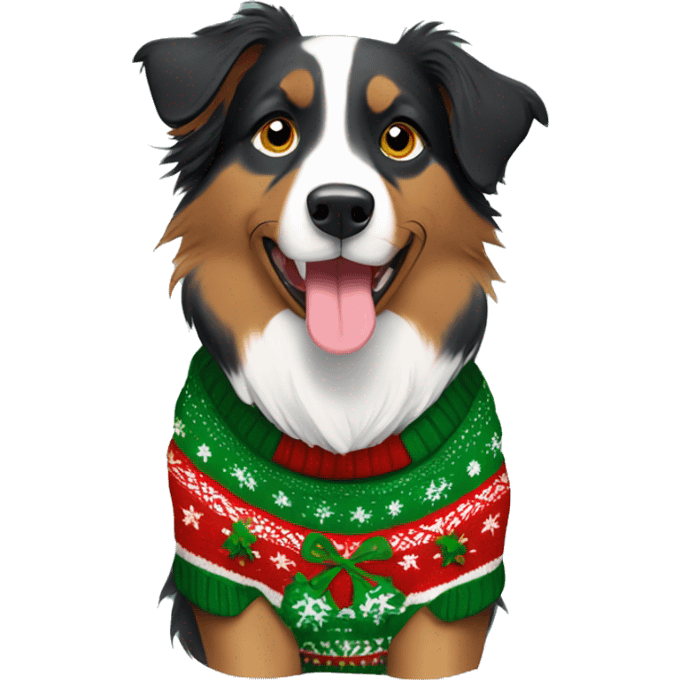 Short haired Australian Shepherd Wearing Christmas sweater  emoji