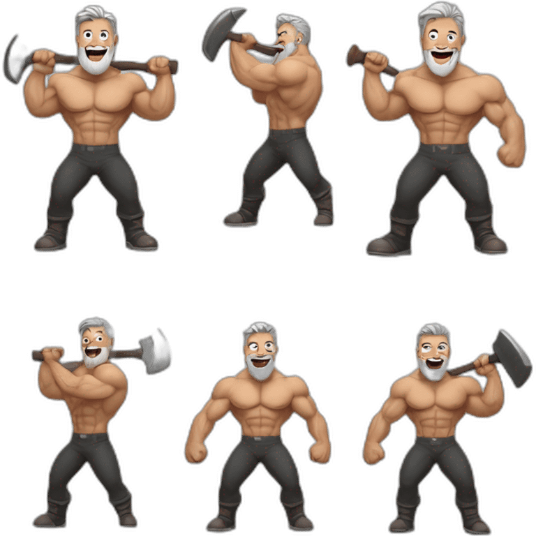 A stern bearded man, gray hair in dark hair, a bodybuilder, Holding an axe in his hands, Laughing loudly emoji