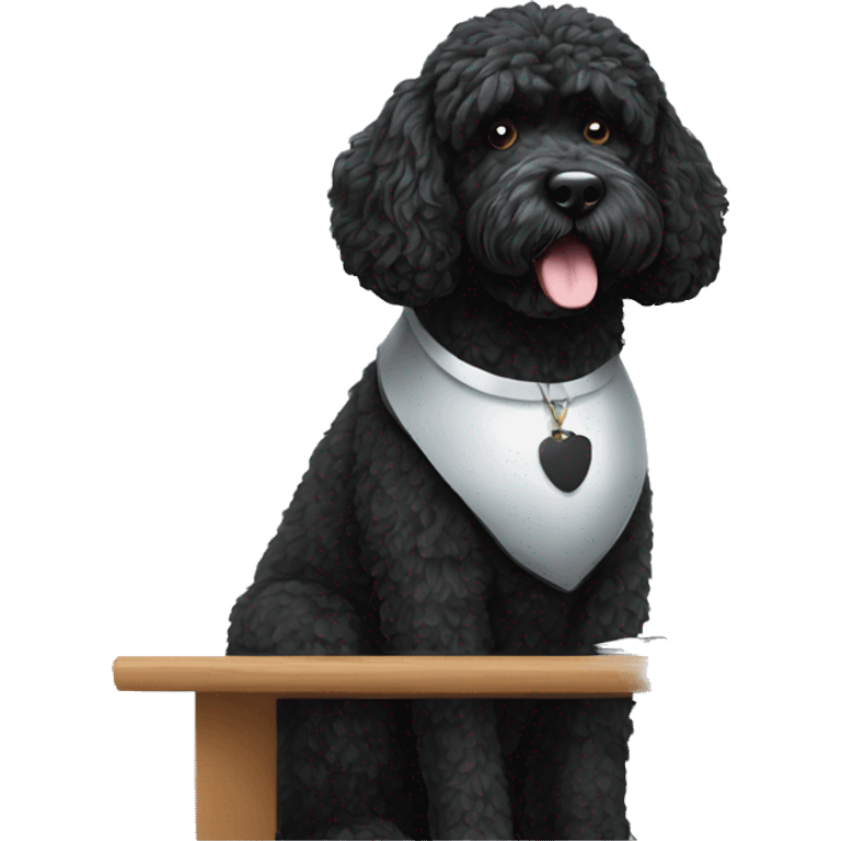 portuguese black water dog sitting a desk coding emoji