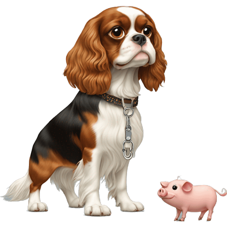 King Charles spaniel walking a pig on a leash emoji