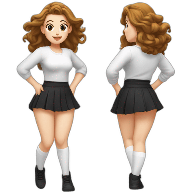 alistic-full-body-caucasian-curvy-beauty-jumping-short black-skirt-back-and-front-views-strong-wind-knickers-long-white-socks emoji