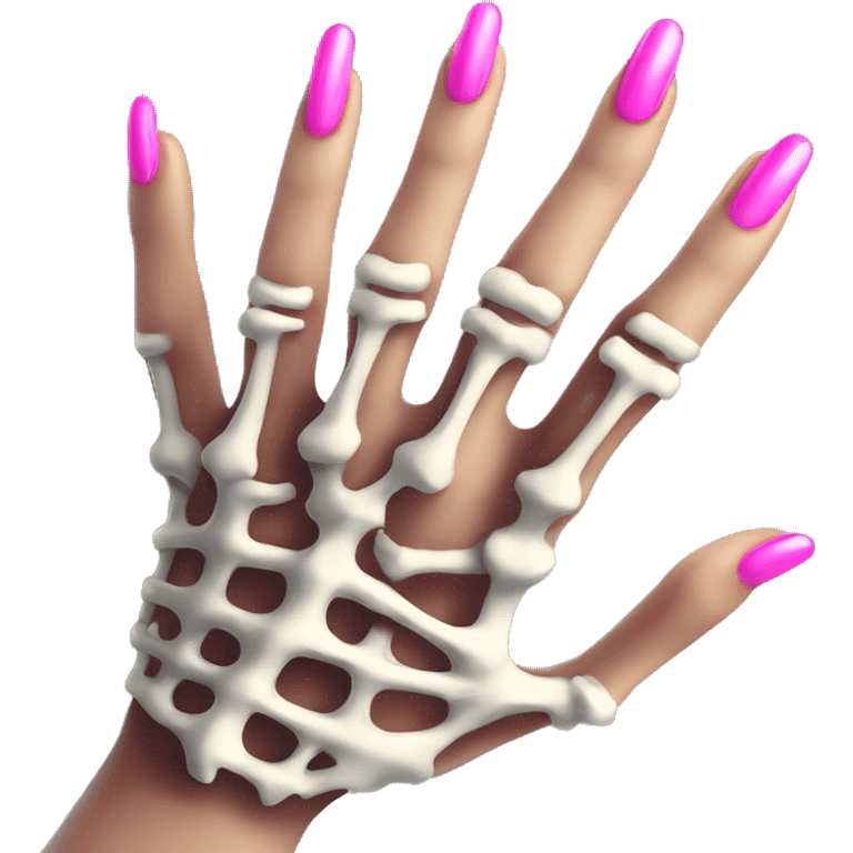 Pretty skeleton 5 fingers hand with pink nails manicure girly design but stylish minimalistic emoji