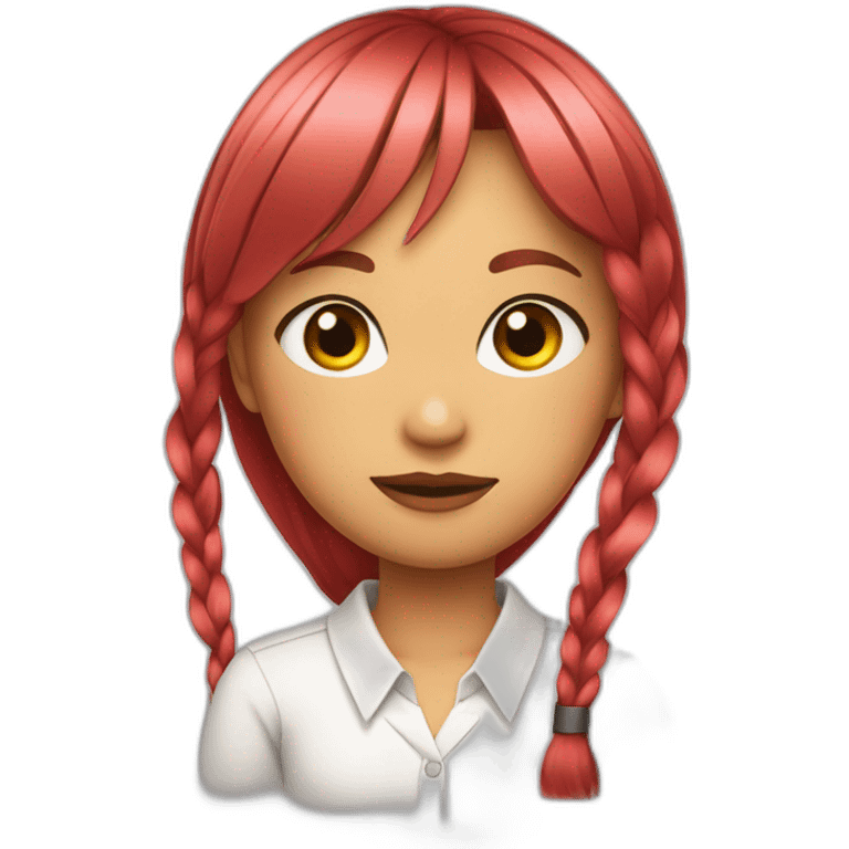 (gril) makima with long straight red or pink hair fringe and one braid, yellow eyes with a circle inside and a white shirt with long sleeve and black tie emoji