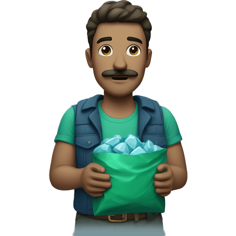 Guy with green shirt and moustache holding a packet of blue rocks  emoji