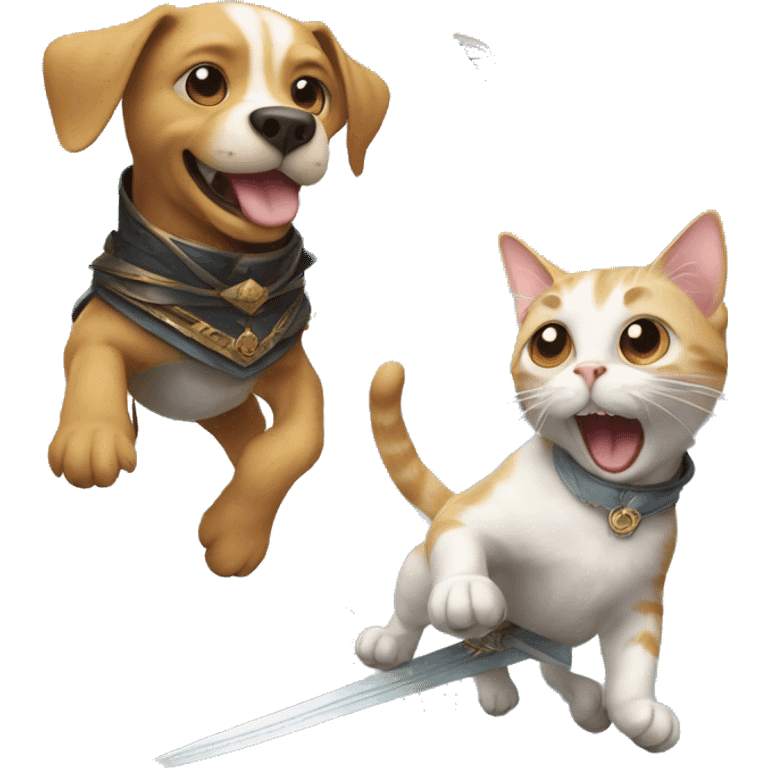 flying dog and cat standing on a sword,  emoji