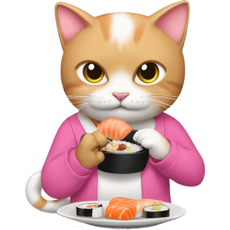 A cat eating sushi with a pink shirt on emoji