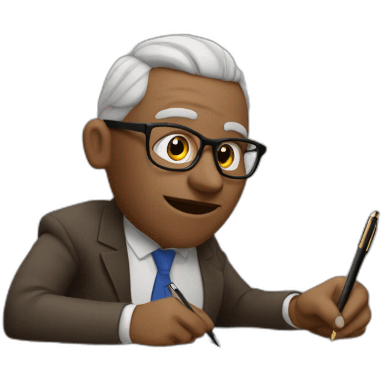 wise life coach with hair and glasses sitting with pen and paper emoji