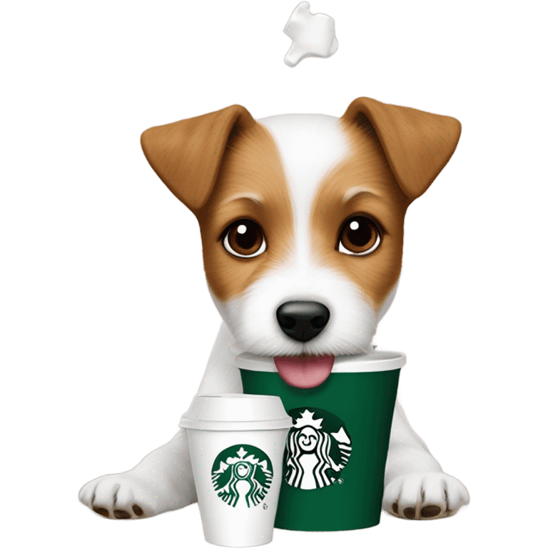 a fluffy parson Russell terrier eating pup cups from Starbucks  emoji