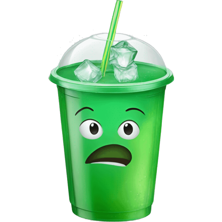 Realistic plastic cup and lid with green soda and large ice cubes inside and straw through the top of the lid. emoji