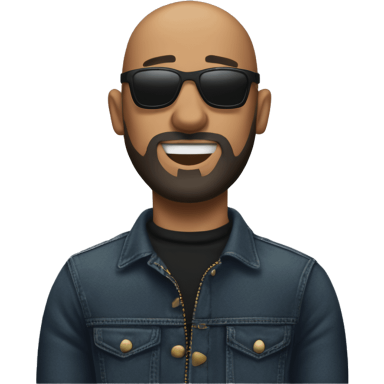 A bald man with sunglasses and a black turtleneck and jeans . light medium beard saying jackpot emoji