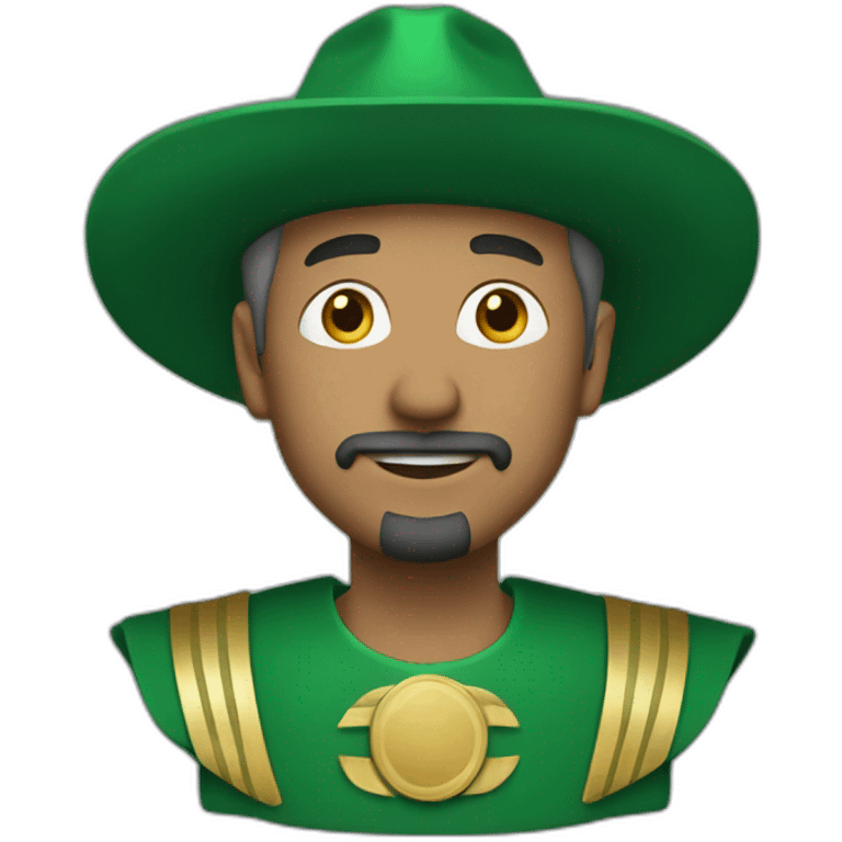 man with green hair green suit and large green top with gold strip hat goatee green cape emoji