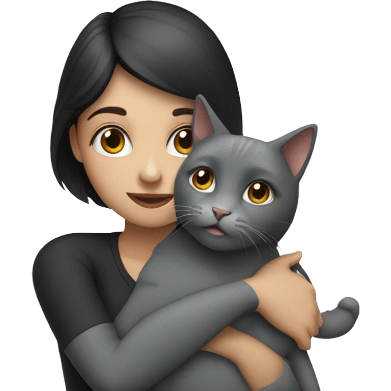 dark haired girl hugs gray cat emoji