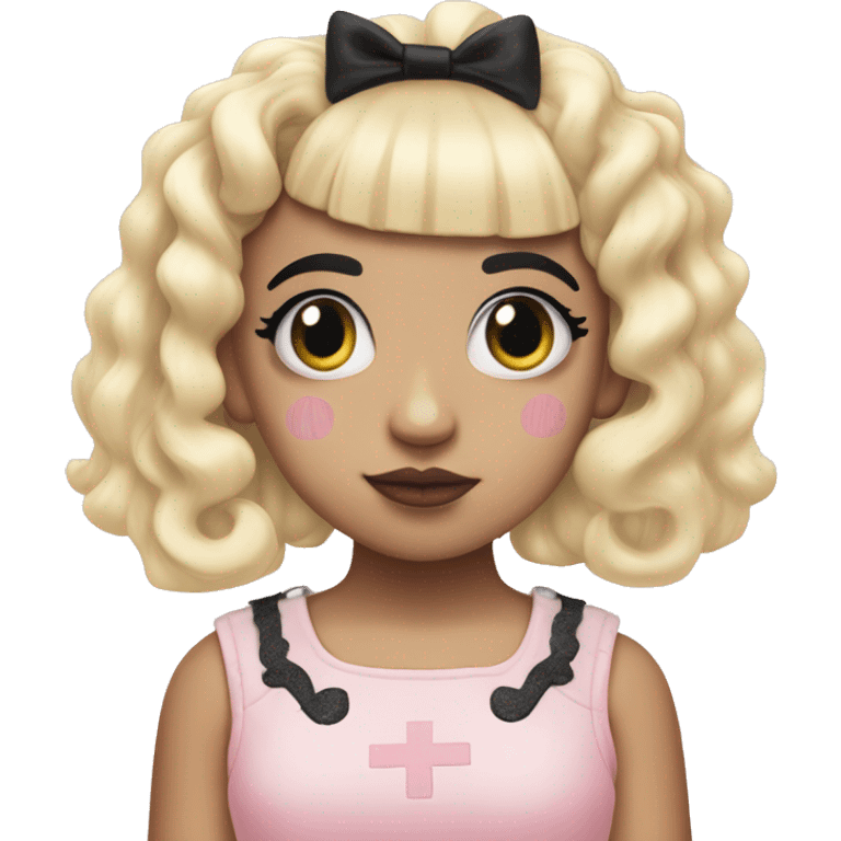 The singer melanie martinez with split dye hair, Blonde and black, Wearing a pastel pink dress with k-12 written on it emoji