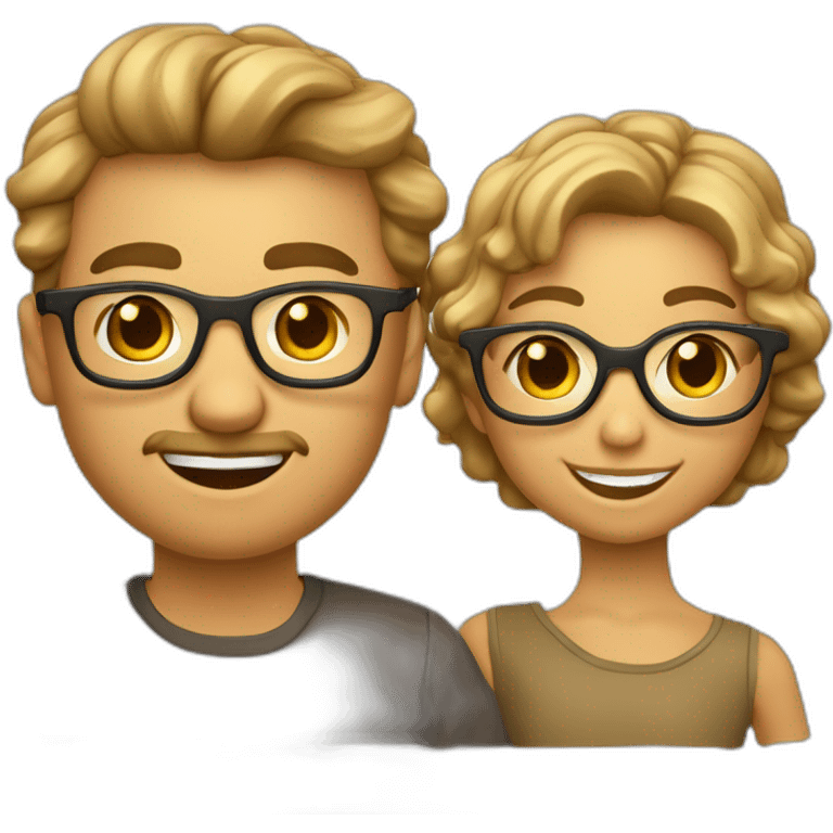 Familia de hombre pelo marrón y mujer rubia pelo rizado con lentes y gemelos de 8 años Niño pelo liso marrón claro y niña pelo marron oscuro emoji