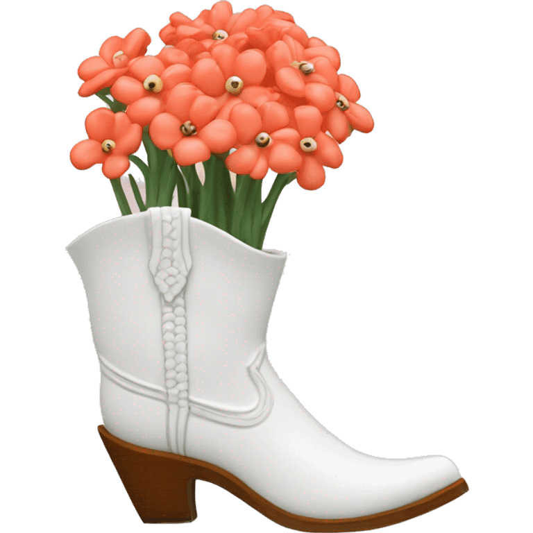 White cowgirl boot vase with coral sticking out of it emoji