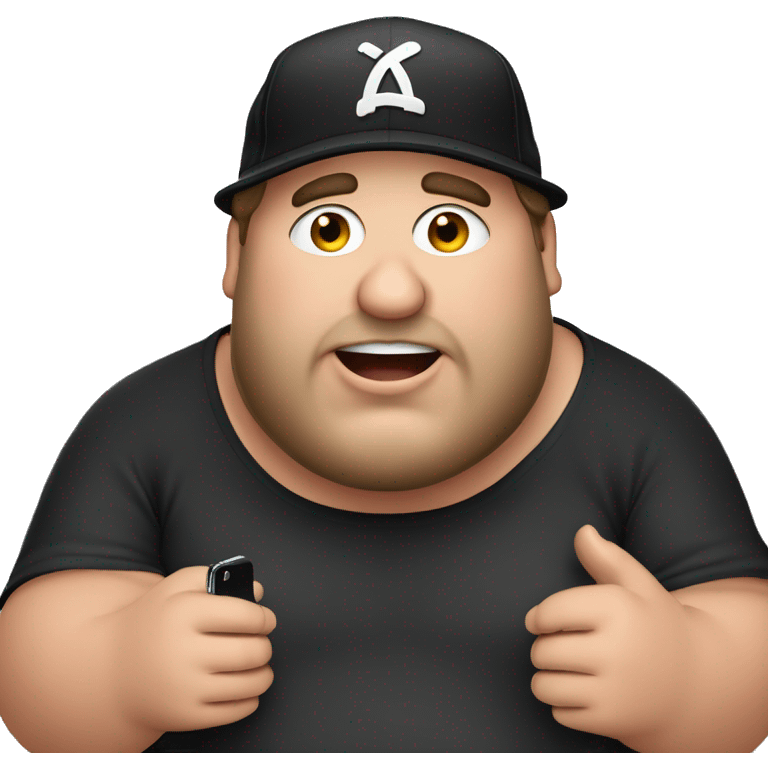 Fat Jewish guy in 30s wearing black trucker hat crying at iPhone emoji