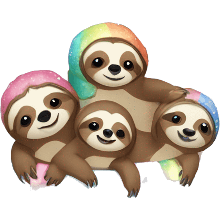 Kawaii rainbow pastel bedazzled family of sloths in a snow globe  emoji